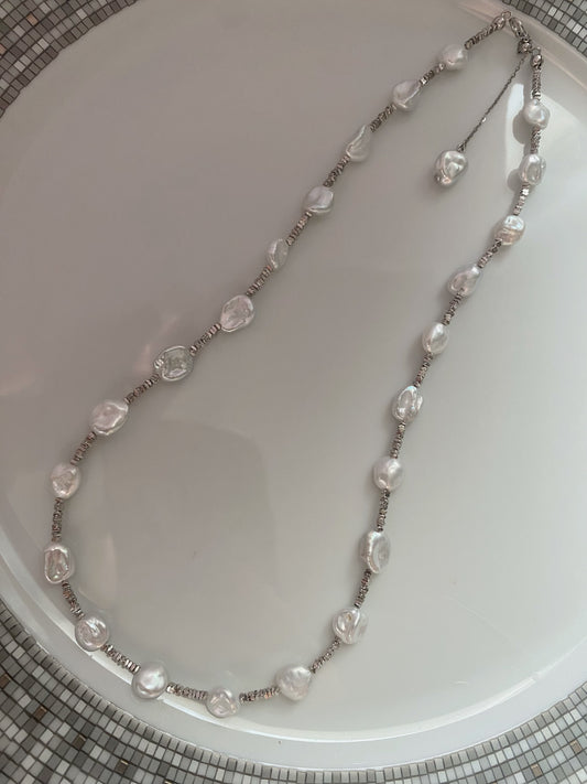 Keshi pearl station necklace (Rare silver blue color)