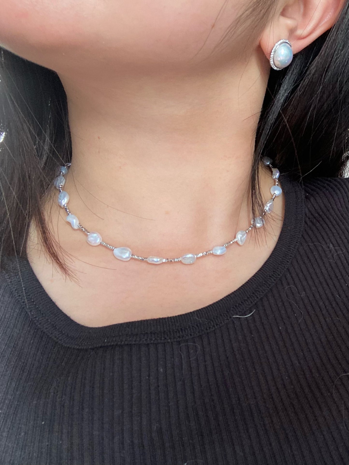 Keshi pearl station necklace (Rare silver blue color)