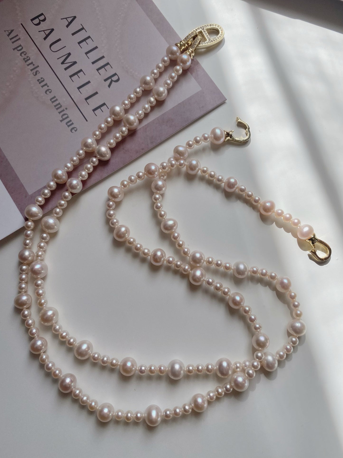 Multi-way use, double-deck pearl necklace, 42-90cm