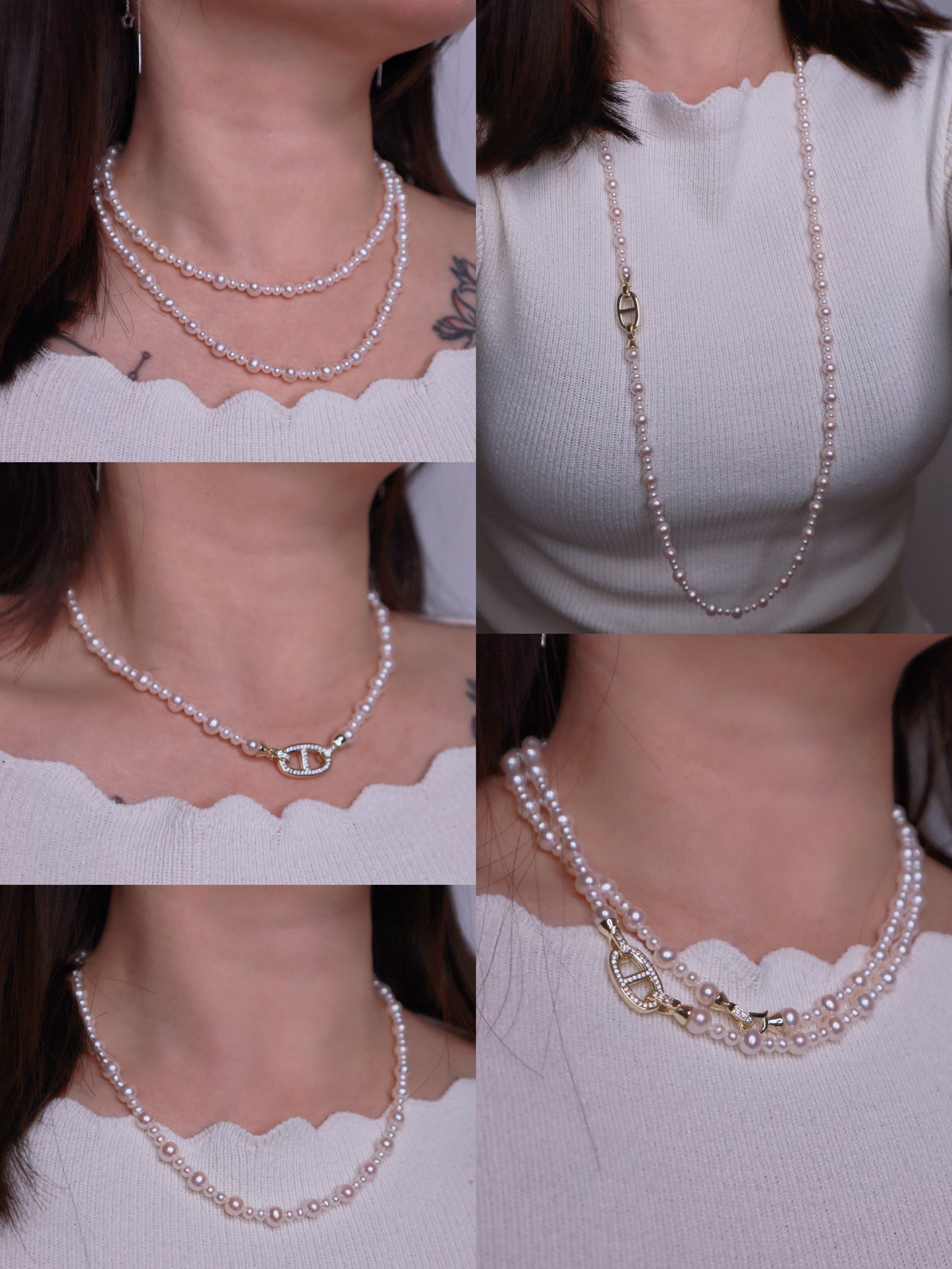 Multi-way use, double-deck pearl necklace, 42-90cm